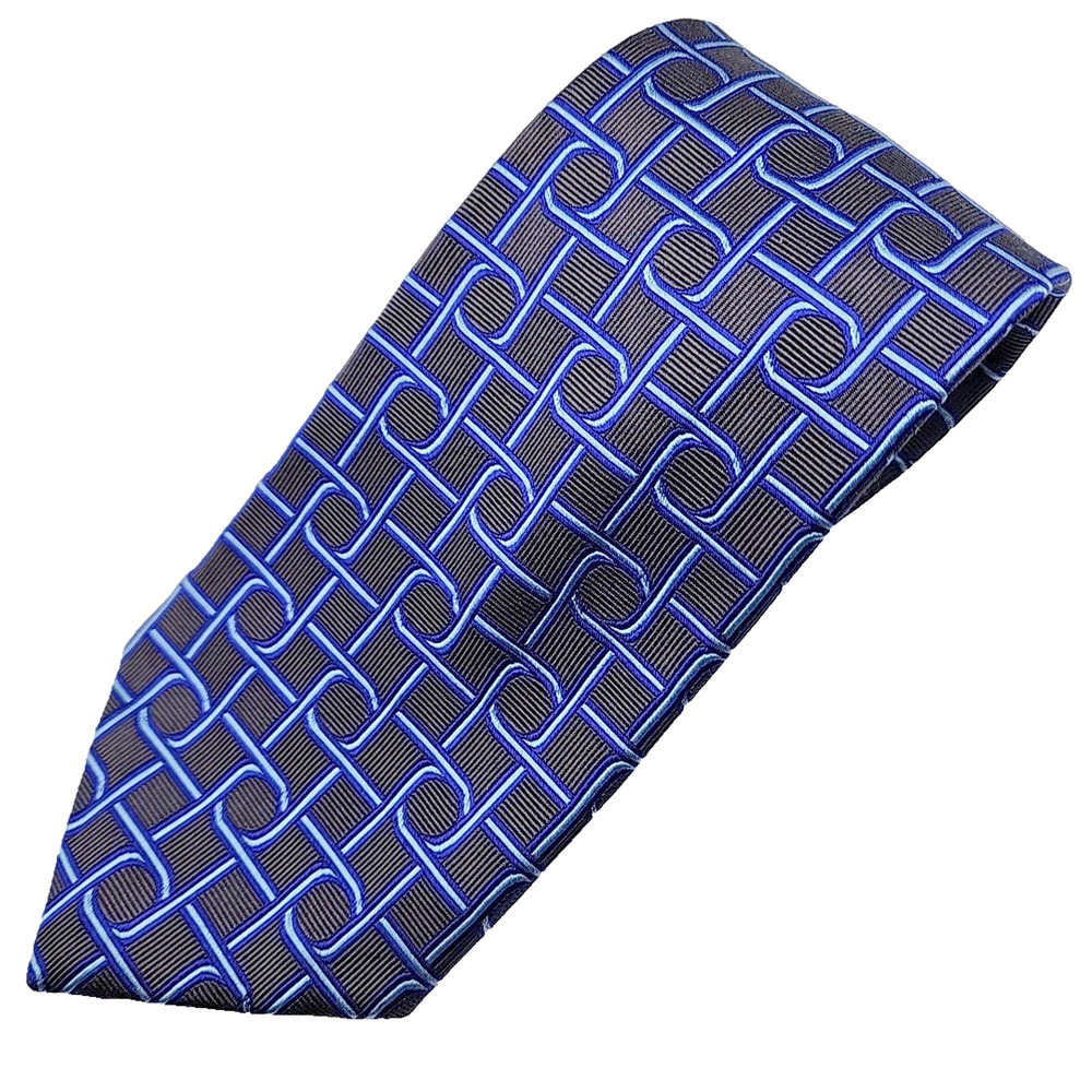 Barbara Blank Blue and Gray Geometric Silk Necktie - Made in USA - Like New